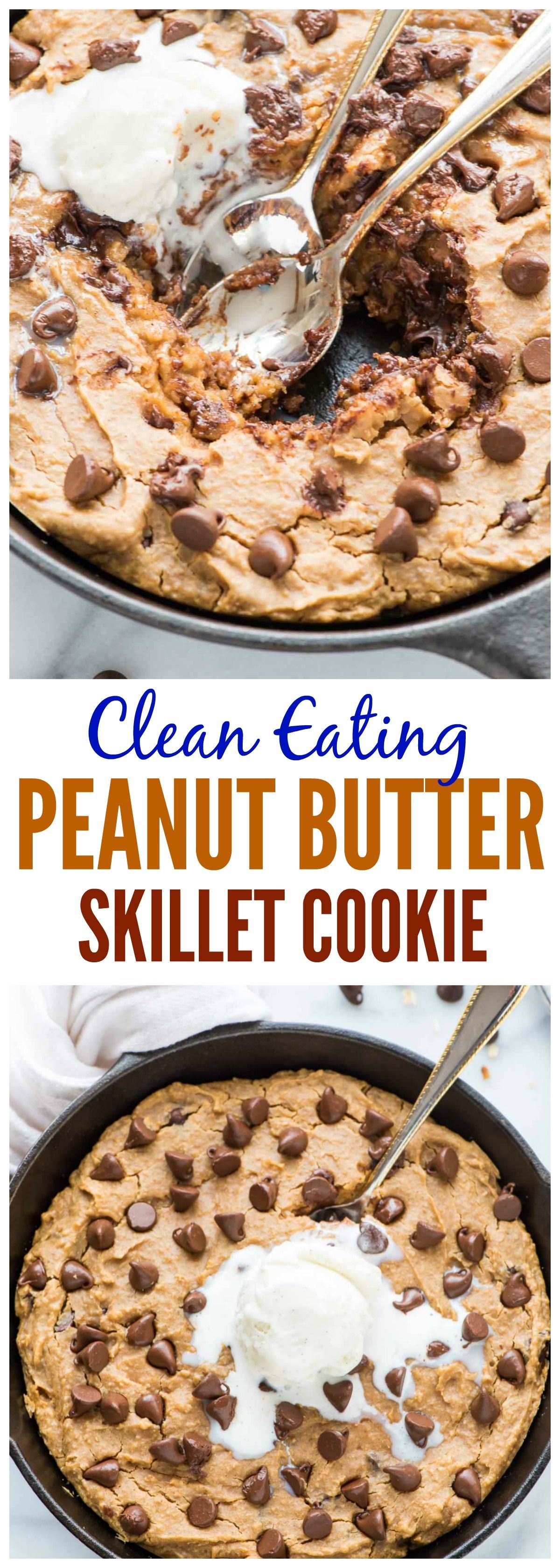 Clean Eating Peanut Butter Skillet Cookie. NO butter, sugar, or oil, and it tastes incredible. This is the BEST healthy peanut