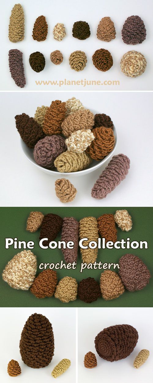 Crochet realistic pine cones in multiples sizes, shapes and colours. Beautiful idea for decorating for Fall or Winter/Christmas.