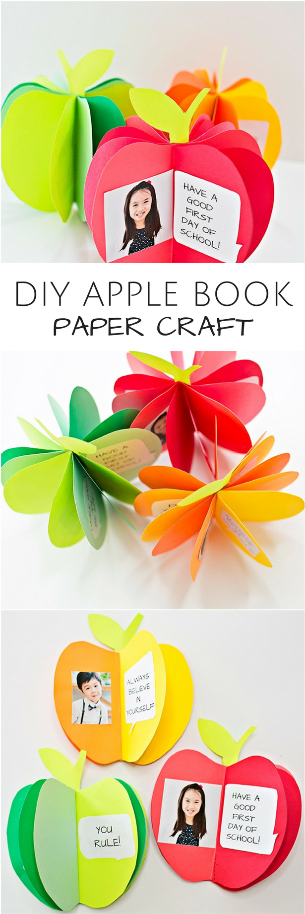 DIY 3D Apple Book Paper Craft. Cute back to school craft for kids or fall autumn art project. Free printable templates included.