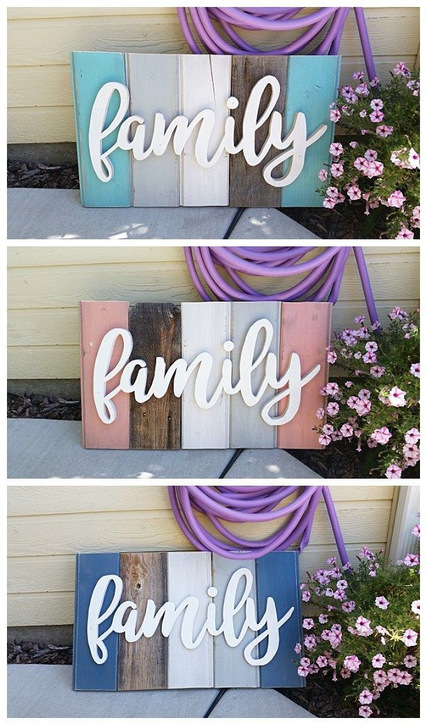 DIY Family Word Art Sign Woodworking Project Tutorial – 3 color schemes of New Wood Distressed to look like weathered Barn Wood