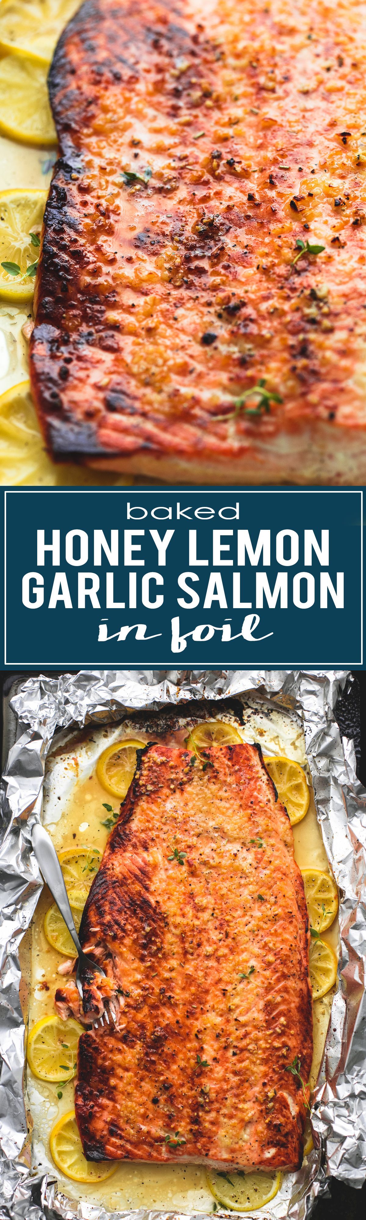 Easy and healthy Baked Honey Lemon Garlic Salmon in Foil | lecremedelacrumb.com
