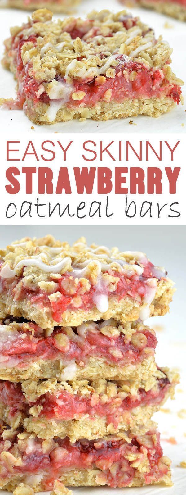 Easy Skinny Strawberry Oatmeal Bars is super simple, one-bowl and no-mixer recipe for healthy dessert, kid-friendly snack or