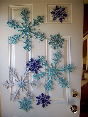 Easy snowflakes – dollar store acrylic snowflakes – painted white for a base color – brush on glue and sprinkle on different color