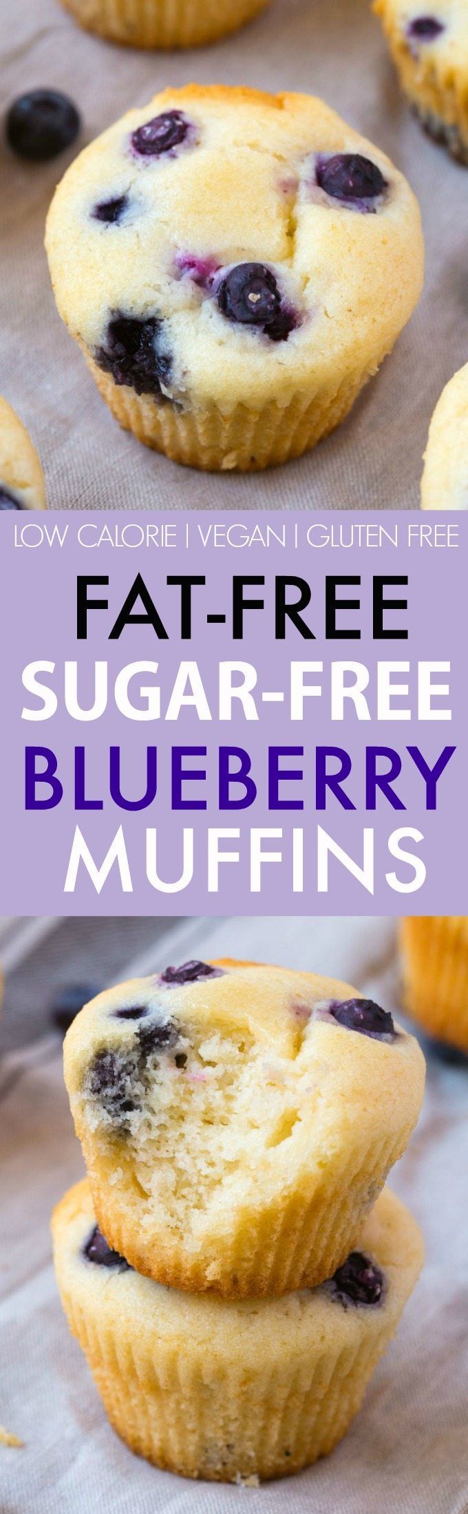 Fat Free Sugar Free Blueberry Muffins (V, GF, DF)- Moist and fluffy muffins which are tender on the outside- Made with ZERO fat