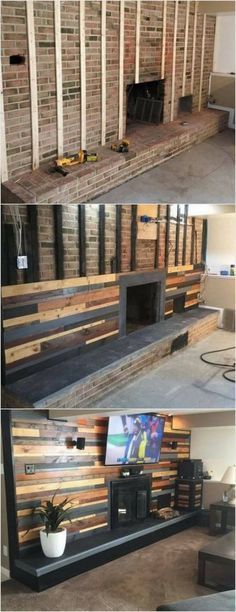 First we have the unique looking wood pallet wall paneling fire place! This idea is best to add your living room area with the