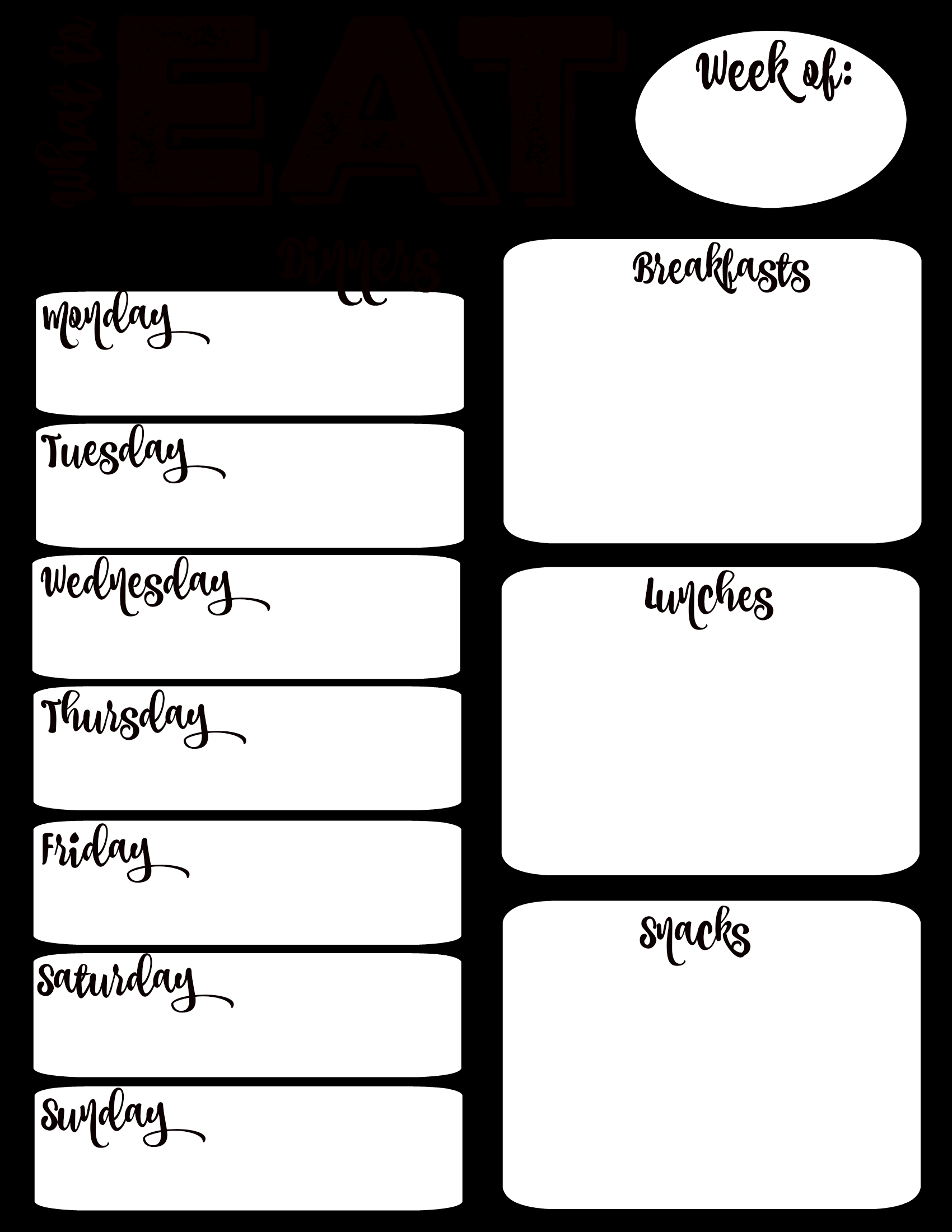Free Printable What to Eat Weekly Meal Planning at thehappyhousie.com