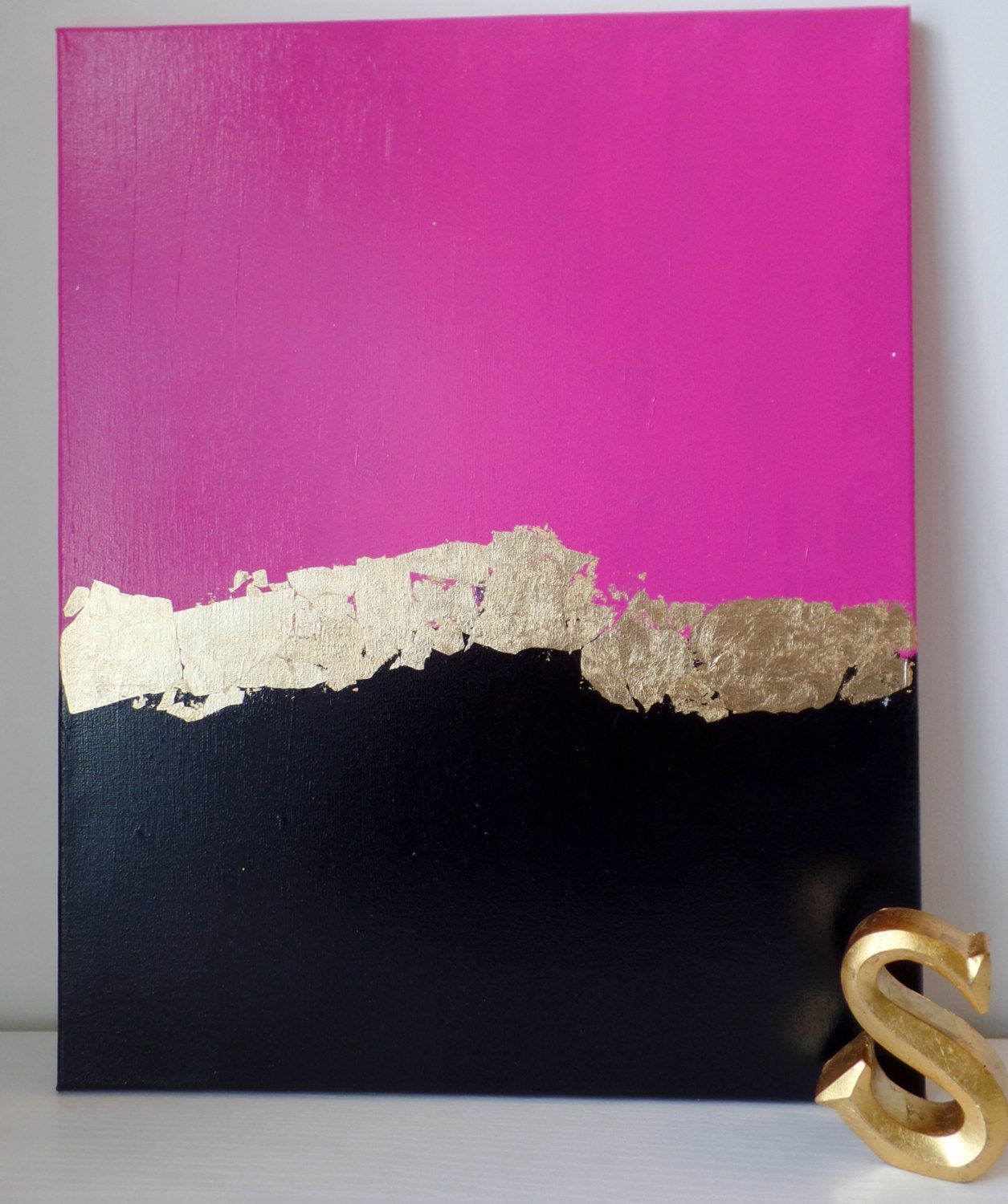 FREE SHIPPING – Kate Spade Inspired Acrylic Painting Canvas, Pink, Gold Leaf, Black, Office Home Wall Decor, Trendy Fashion Style