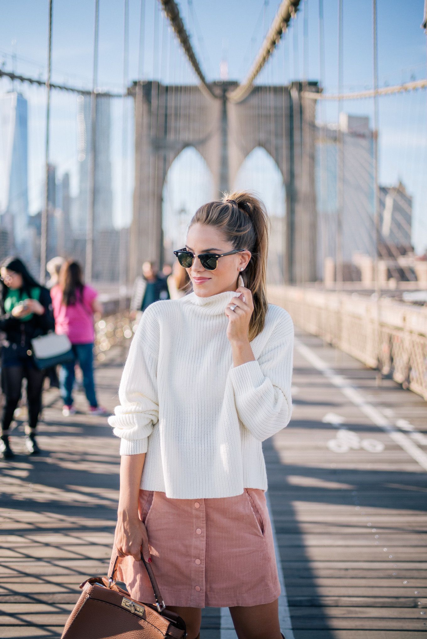 Gal Meets Glam Brooklyn Bridge -Paper Crown sweater, Rachel Antonoff skirt, c/o Lord & Taylor, Fendi bag & Ray Ban Sunglasses