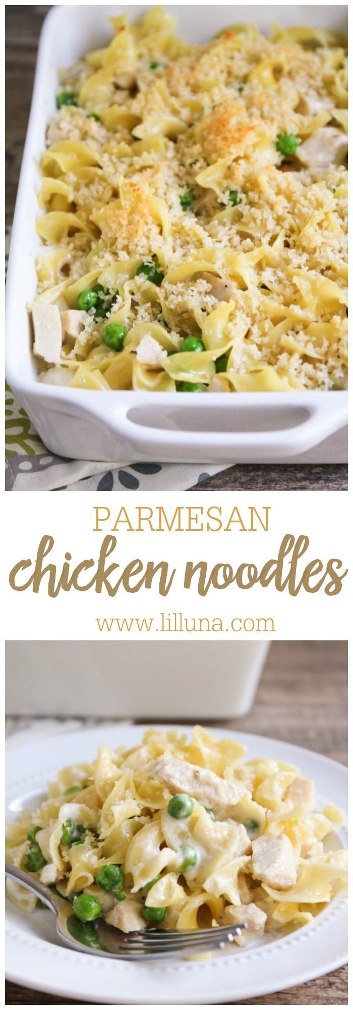 Garlic Parmesan Chicken and Noodles recipe { lilluna.com } So delicious and recipe includes egg noodles, peas, chicken, panko, and