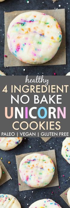 Healthy No Bake Unicorn Cookies (V, GF, DF, P)- 4-Ingredient no bake cookies inspired by the unicorn frappuccino- Ready in 5