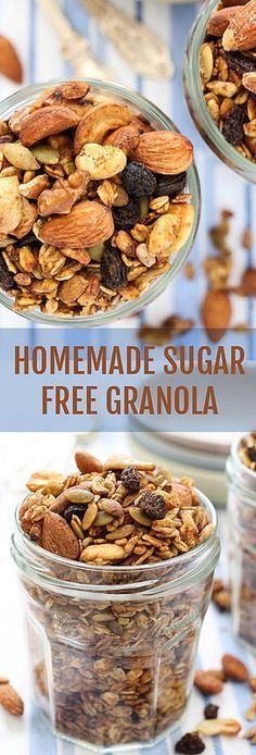 Homemade Sugar Free Granola Recipe. Made with healthy nuts, seeds, oats and coconut oil. Naturally sweetened with apple sauce and