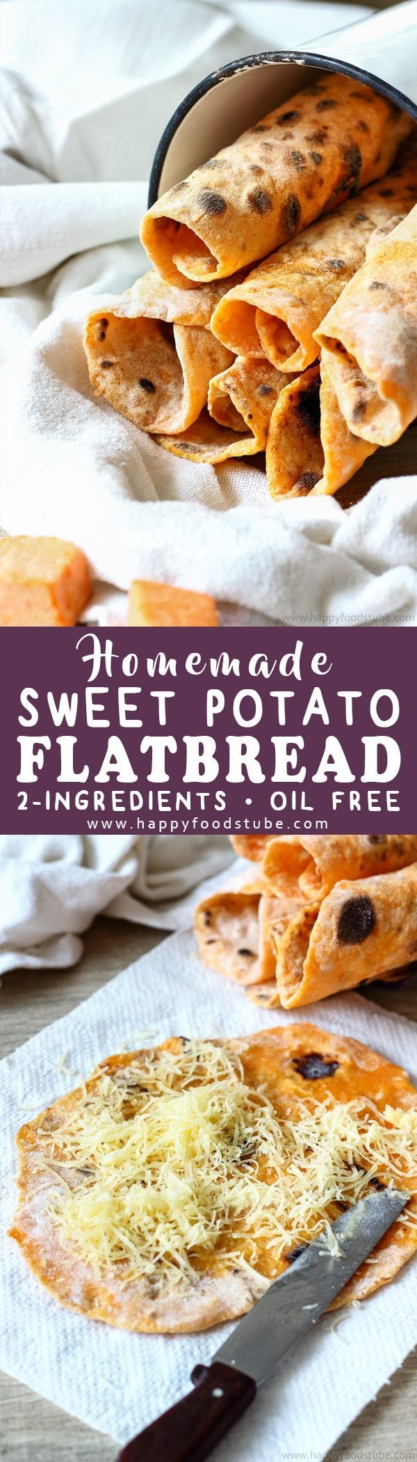 Homemade sweet potato flatbread is a delicious 2-ingredient side dish. This oil-free and yeast free flatbread goes well with