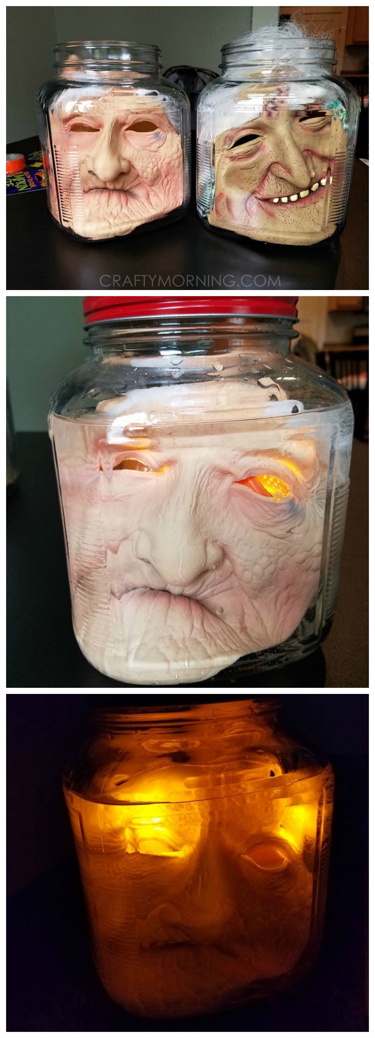 How to make creepy heads in jars using masks! Such a fun halloween decoration to make for kids!