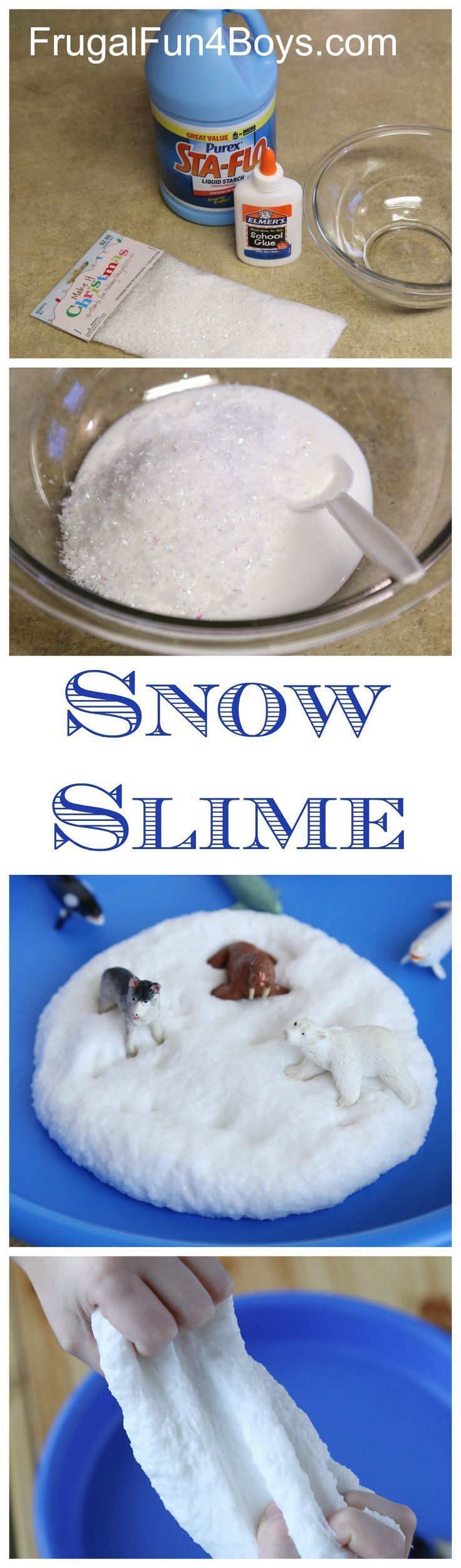 How to Make Snow Slime – This stuff stretches and squishes and sparkles like snow!  Fun winter activity for kids.