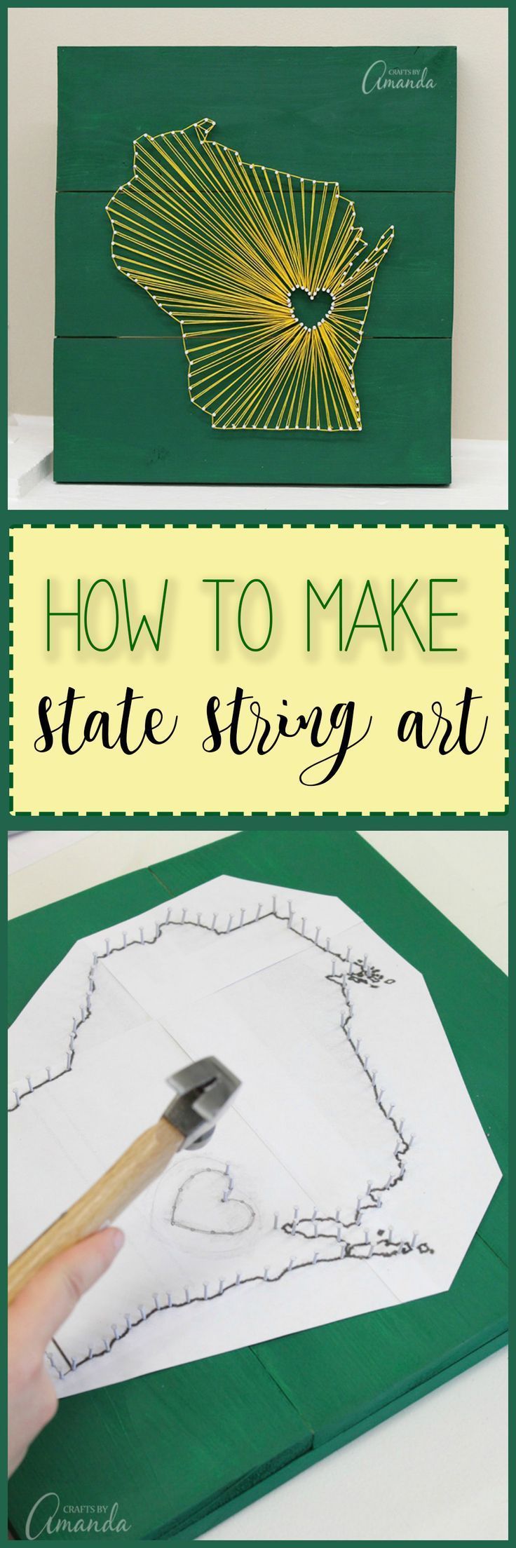 How to make state inspired string art using embroidery floss, small nails, craft glue, and a wooden board. Customize this wall art