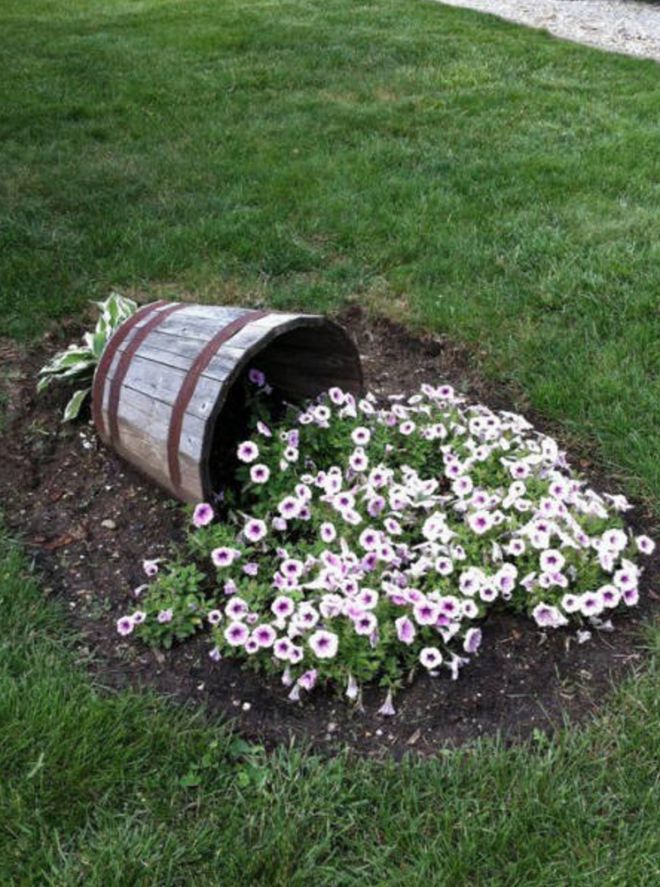 Ideas for using wood barrel planters to add charm to the garden