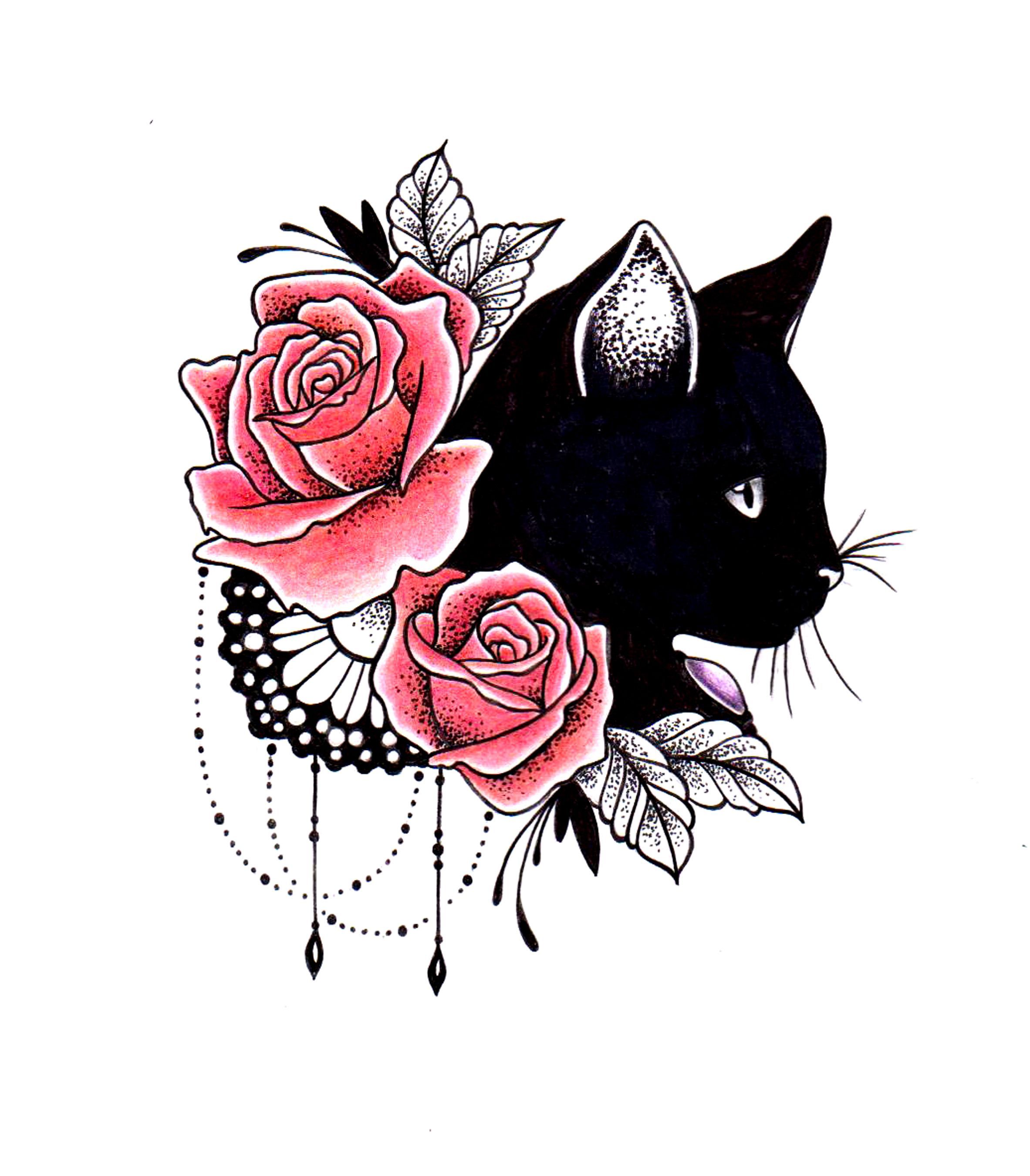 modèle pour tatouage, chat noire, roses, dentelle, bijoux….