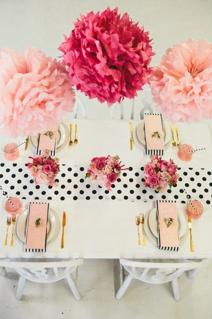 Mother’s Day brunch polka dot table with pom tissue decor.