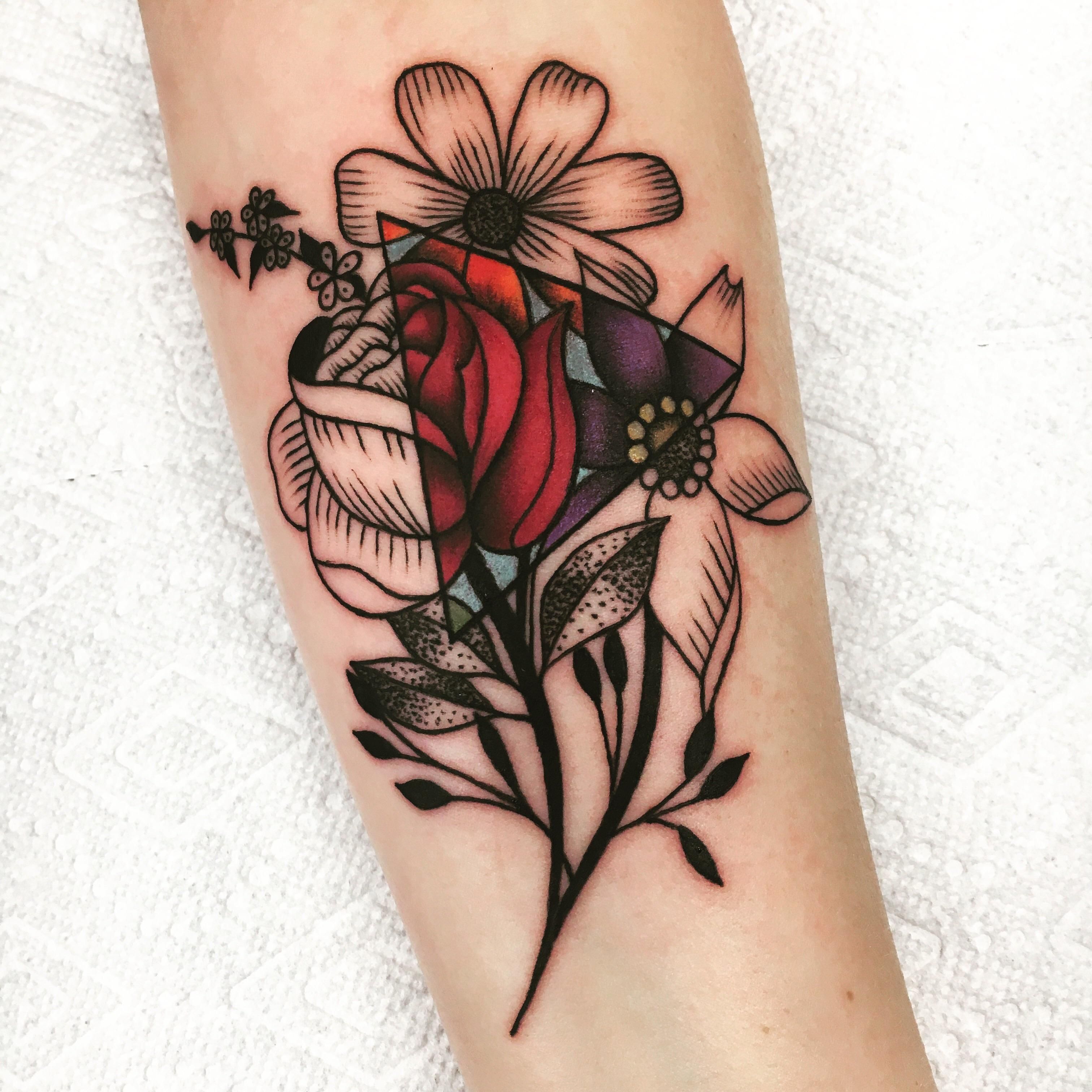 My Wife’s fresh floral stippling tattoo by Alexx Colombo @ Tattoo Lou’s Selden NY