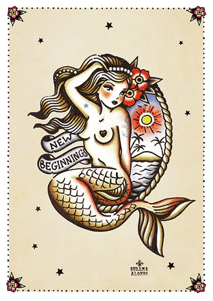 New Beginnings by Susana Alonso Pin-Up Mermaid Tattoo Canvas Art Print – moodswingsonthenet