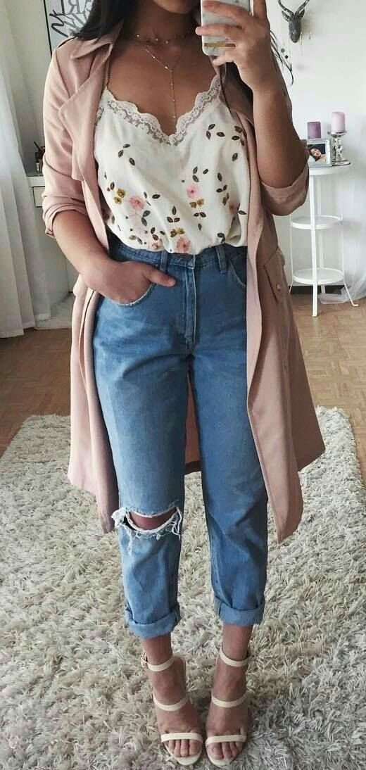 Romantic date night outfit,  cute floral top with ripped blue jeans and beige coat with sandal heels.