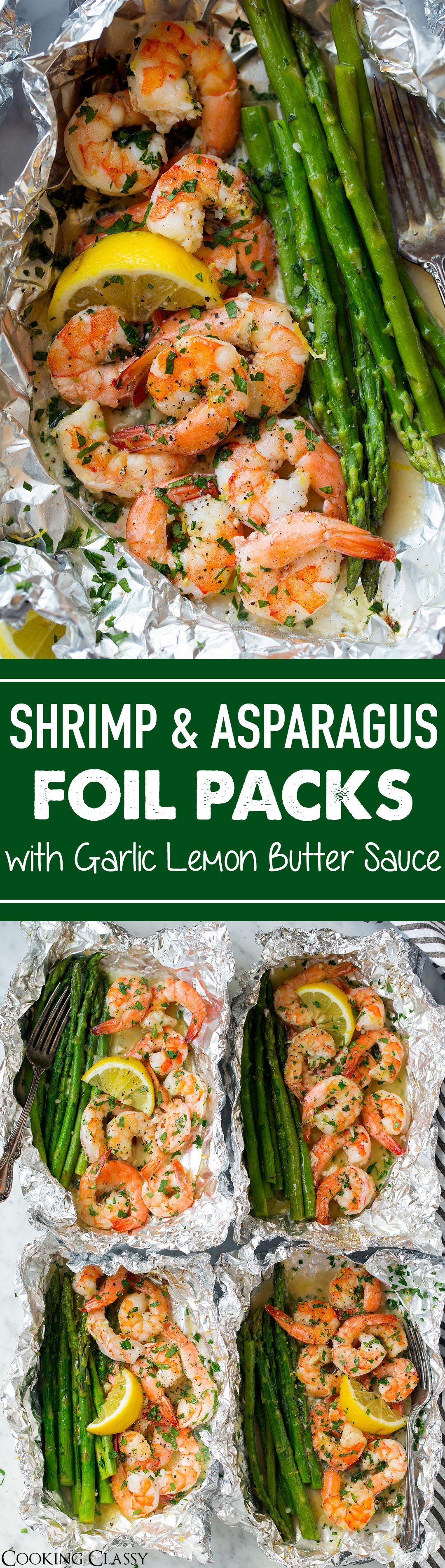 Shrimp and Asparagus Foil Packs with Garlic Lemon Butter Sauce – Cooking Classy