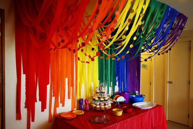 Streamer Decorations…can do it in any color. so unique and creative. great backdrop for cake table/snack table