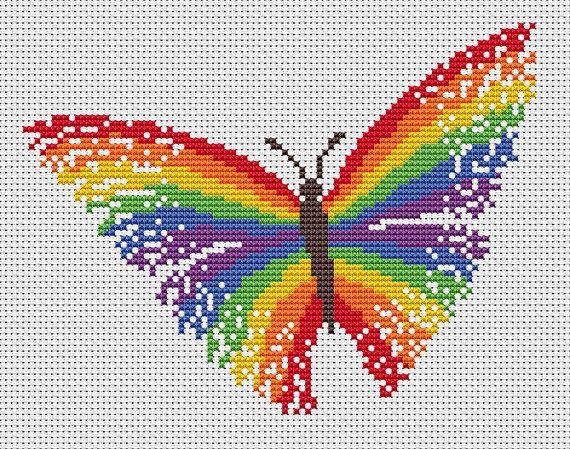 Striking and bright cross stitch pattern of a magical rainbow butterfly. • Stitch count: 89 wide x 68 high • Approximate size