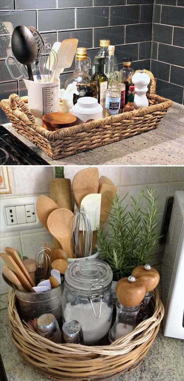 The wide, shallow basket is a great way to keep things together. You can clear countertop clutter by putting it in a pretty basket