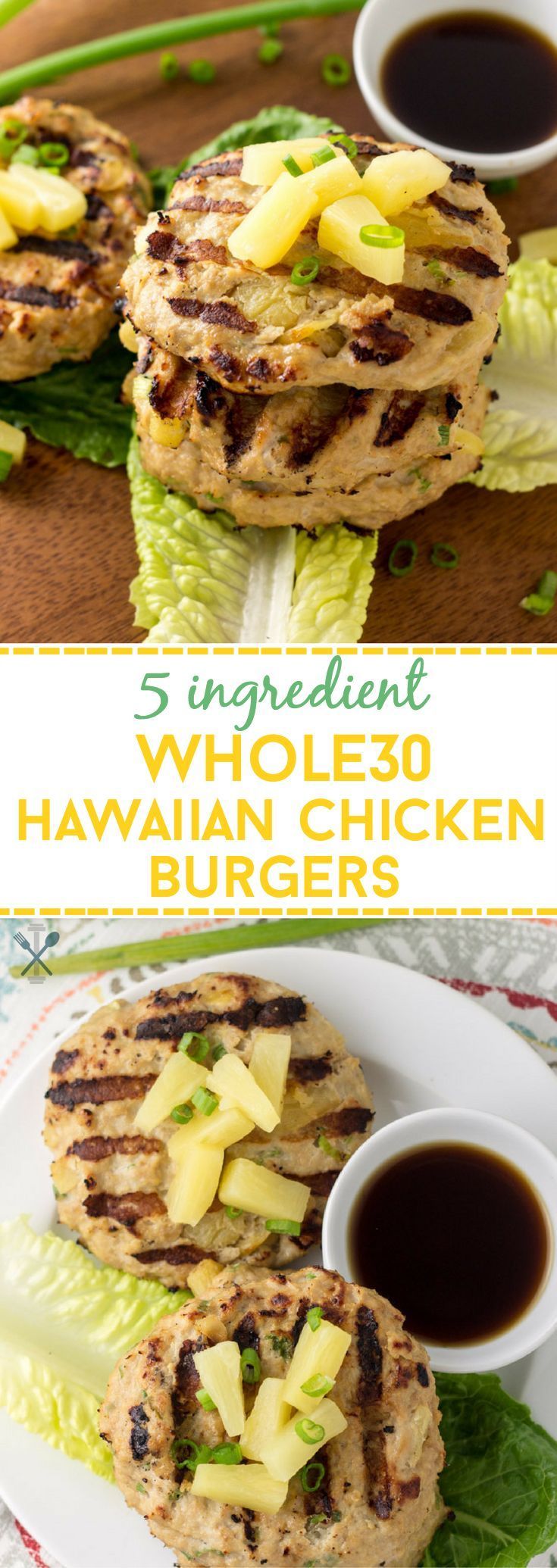 These Whole30 chicken burgers are made with only 5 ingredients, and bursting with flavor. Ground chicken with diced pineapples and