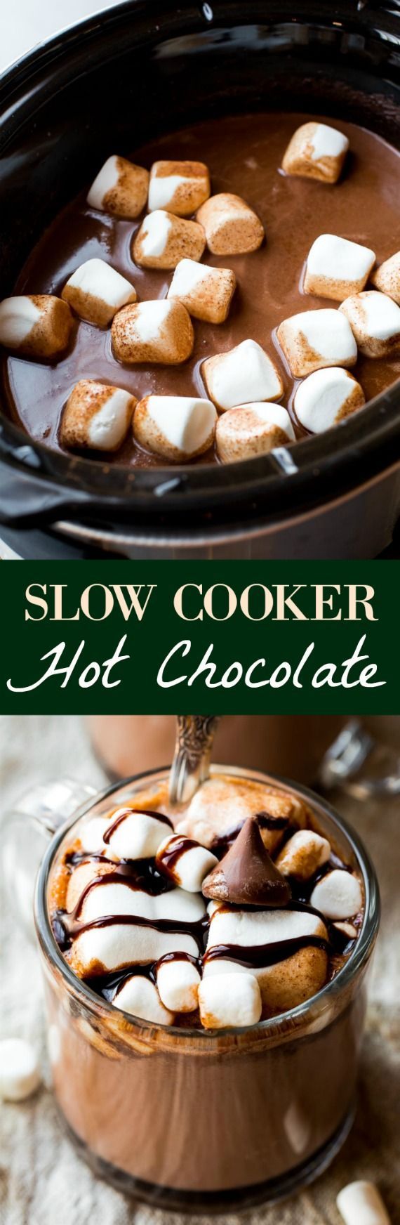 Thick and creamy slow cooker hot chocolate made easy in the crockpot!! Recipe on sallysbakingaddiction.com