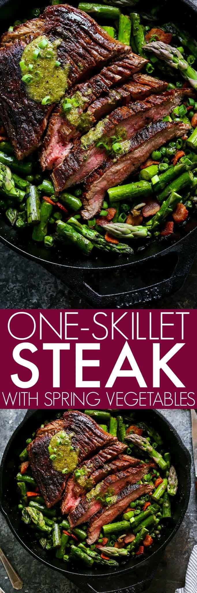 This One-Skillet Steak and Spring Vegetables with Mint Mustard Sauce is an elegant dinner that’s easy enough for weekday