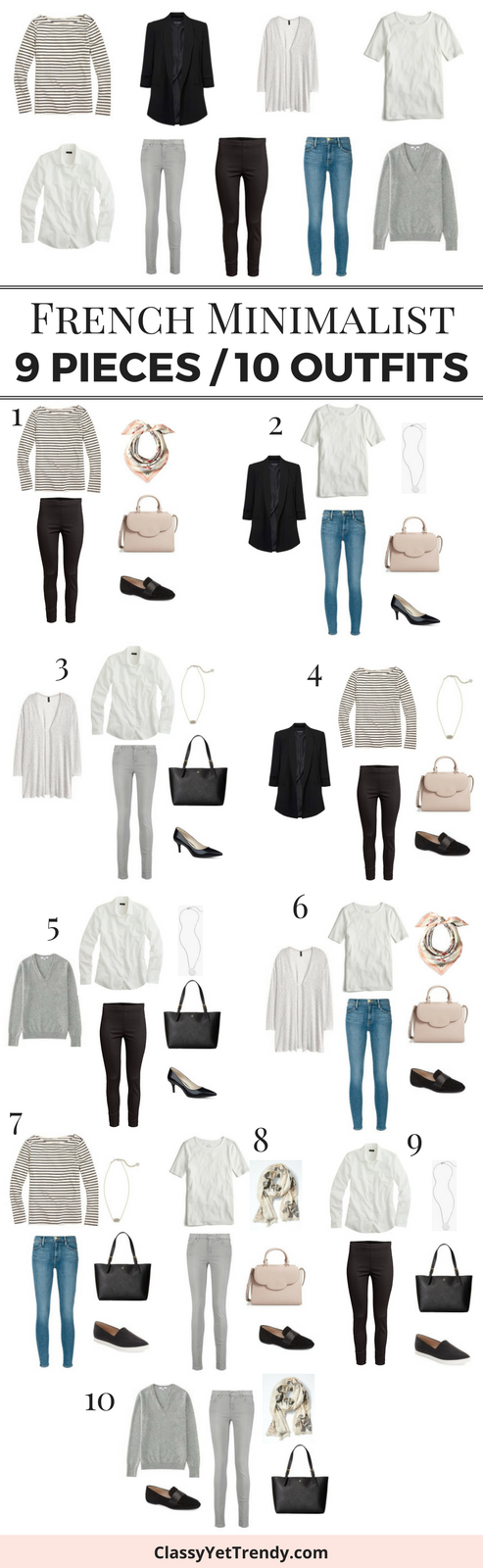 Turn 9 basic essentials in your closet into 10 outfits, French Minimalist sryle!   These 9 tops, pants and jeans are classic and