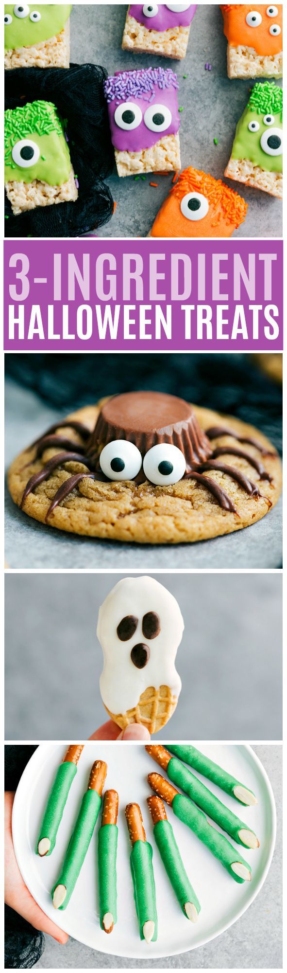 3-ingredient Halloween Treats: so quick, easy, cute, and delicious!! Rice Krispies Treat Monsters, Spider Peanut Butter Cookies,