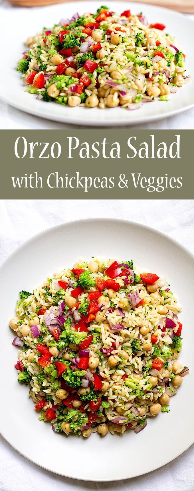 A simple orzo pasta salad with broccoli, bell pepper, red onion & chickpeas tossed in a light lemon dijon vinaigretter | get more