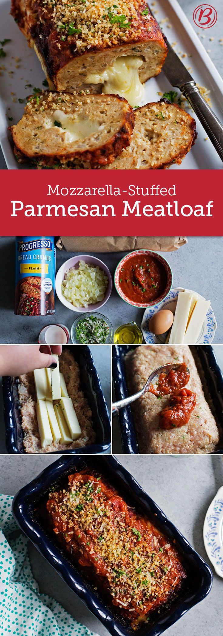All the classic flavors of chicken Parmesan come together in this meatloaf stuffed with gooey mozzarella cheese and topped with
