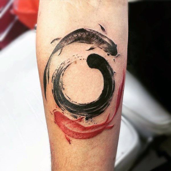 Black And Red Koi Fish Enso Guys Inner Forearm Tattoo
