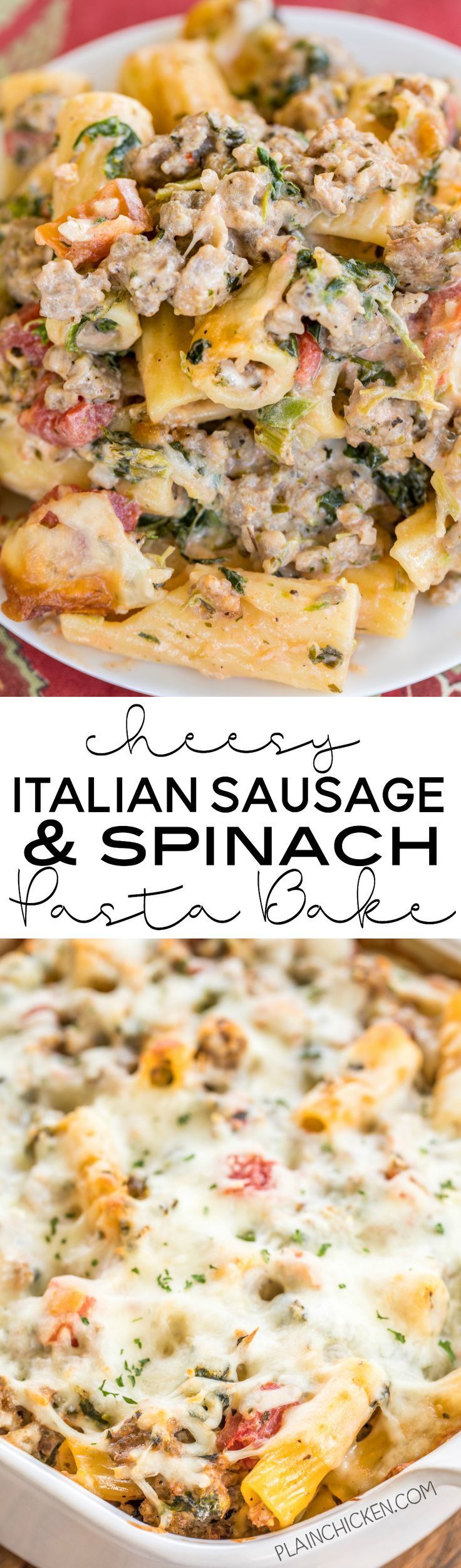 Cheesy Italian Sausage and Spinach Pasta Bake – pasta, onion, spinach, Italian sausage, tomatoes, italian seasoning,