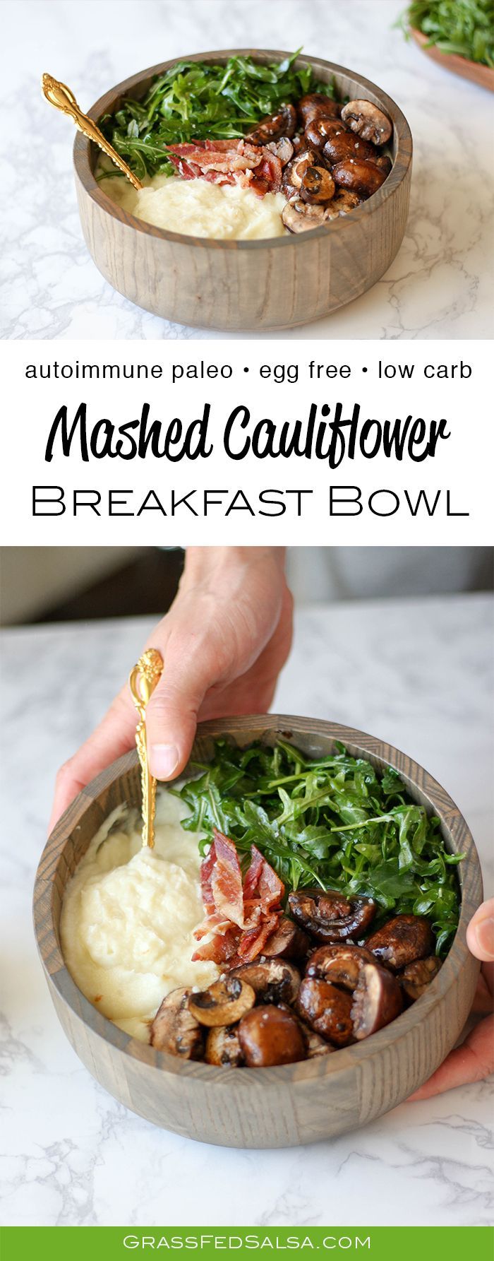 Get the recipe for this low carb, gluten free, and AIP Friendly breakfast – the Mashed Cauliflower Breakfast Bowl