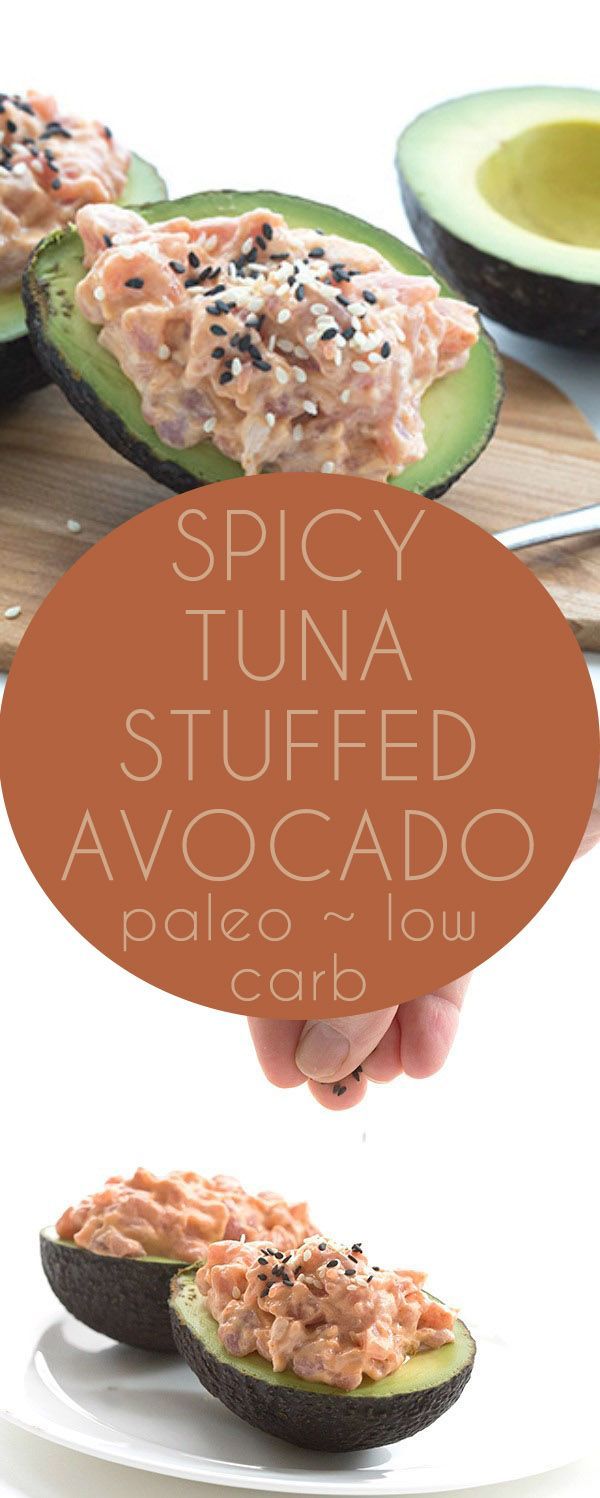 Low Carb Keto Spicy Tuna Stuffed Avocado Recipe. LCHF THM Paleo recipes