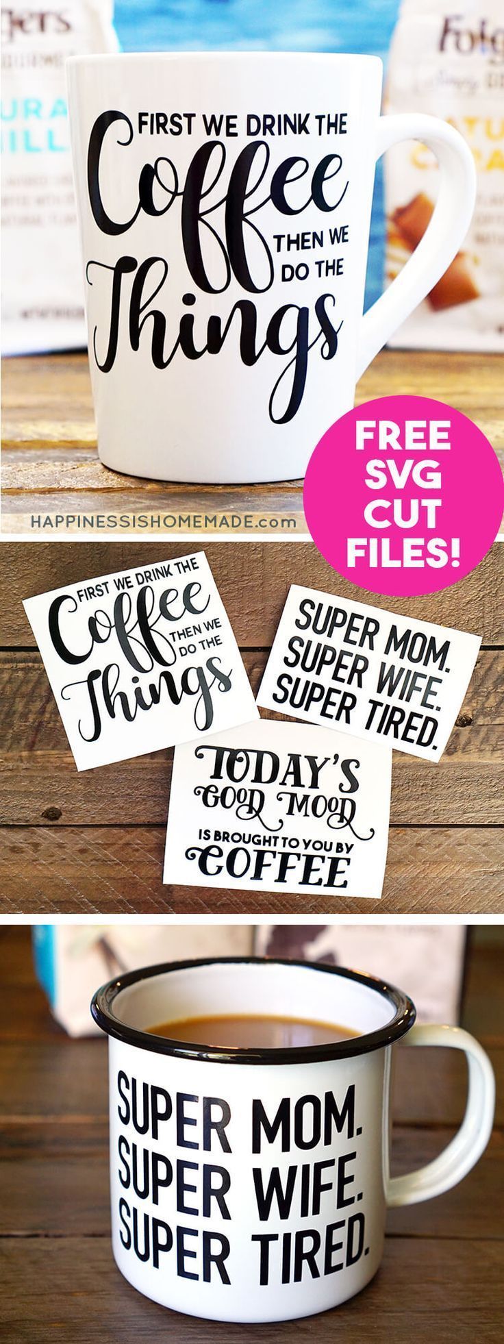 Make your own Funny Coffee Mugs with these free SVG cut files for your Cricut or Silhouette machine! Custom coffee mugs make a