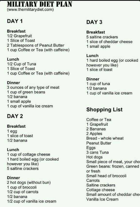 Military 3 day diet plan, shopping list. Ill see if I lose weight from this. G;)