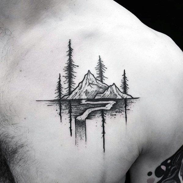 Mountain With Nature Landscape Awesome Small Male Chest Tattoo