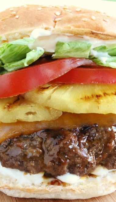 Red Robin’s Banzai Burger Copycat Recipe ~ Marinated in Teriyaki and‏ Topped with Grilled Pineapple, Cheddar Cheese, Crisp