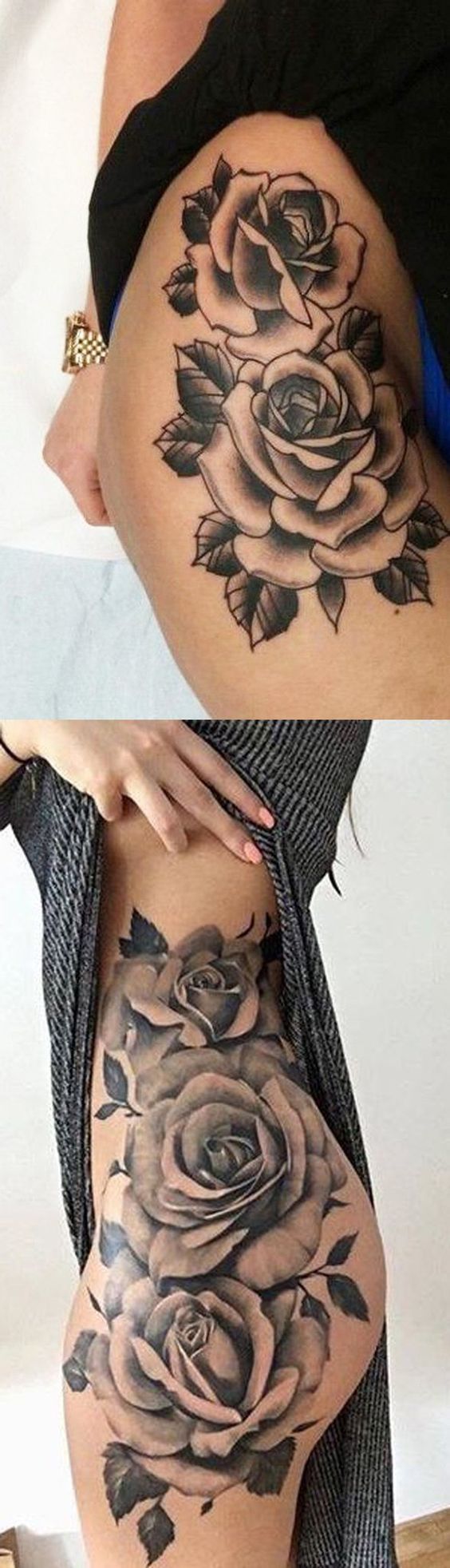 Rose Thigh Tattoo Ideas at MyBodiArt.com – Black and White Leg Hip Floral Flower Tatt