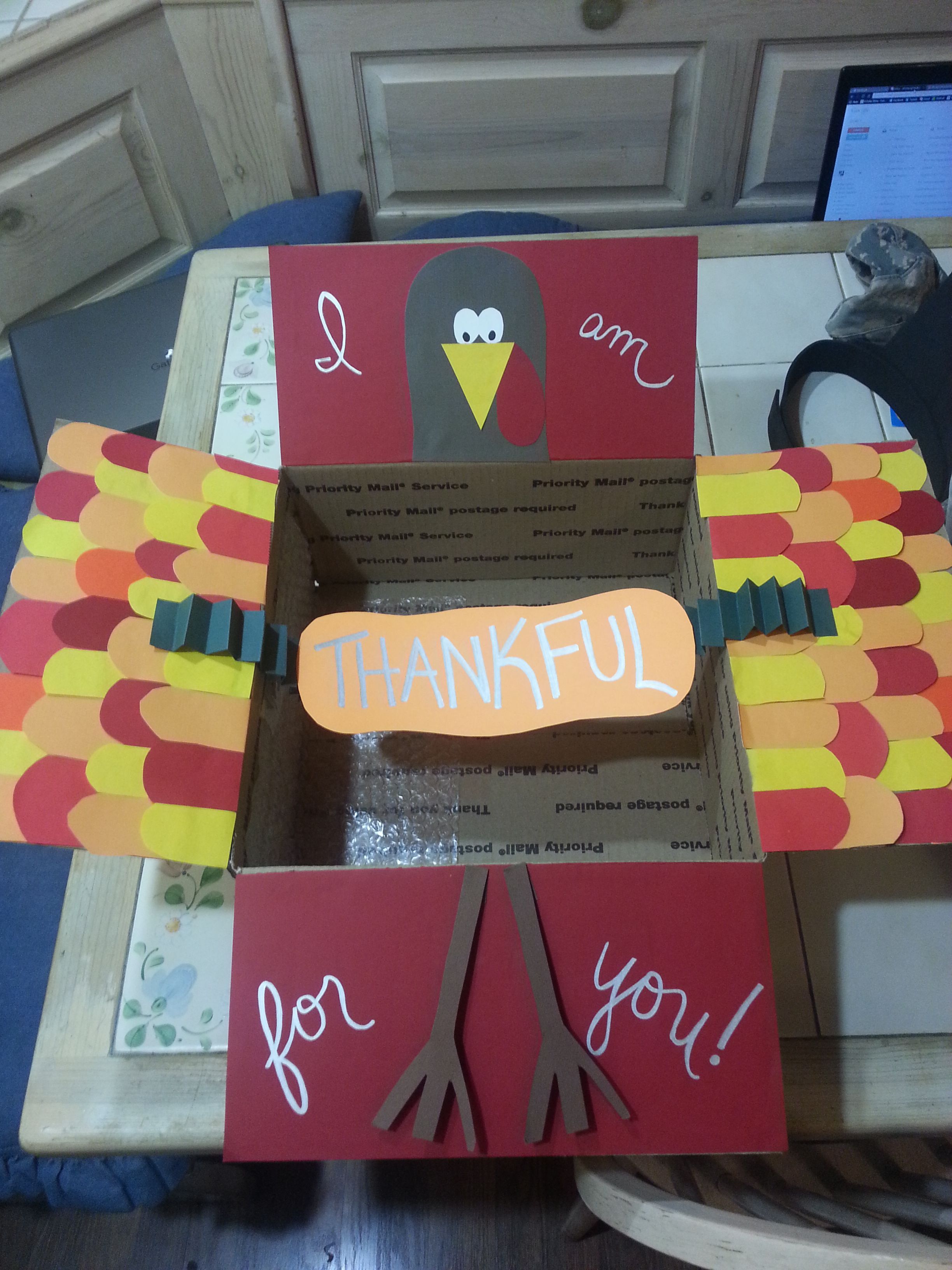 SUCH a cute Thanksgiving Care Package using a large flat rate box! Deployment,  missions,  and college.