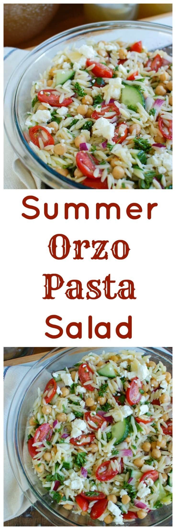 Summer Orzo Pasta Salad is a great addition to any summer get together! This salad mixes together orzo pasta, chickpeas, feta
