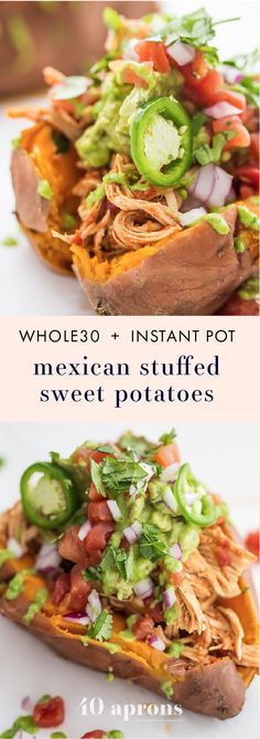 These Whole30 Instant Pot Mexican stuffed sweet potatoes with chicken are the perfect Whole30 dinner: insanely full of flavor,