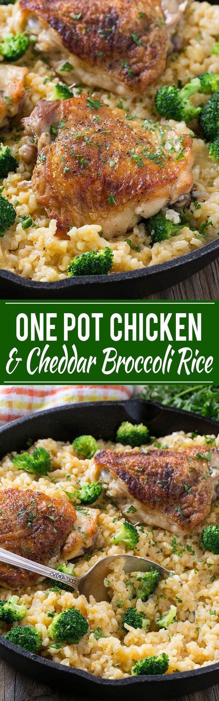 This one pot chicken with cheddar broccoli rice combines classic flavors for a quick and easy dinner. Chicken thighs are cooked