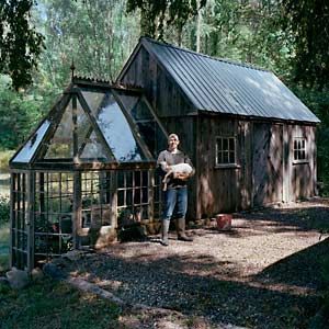 Visually stunning, agriculturally functional, and made from salvaged materials. This greenhouse/potting shed  combo proves that